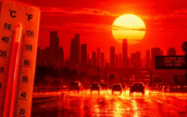 4K Ultra HD PC desktop wallpaper/background: searing red heatwave — blazing sun over a city skyline and wet highway, left-side thermometer pegged at extreme temperatures.