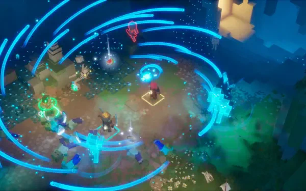 HD PC desktop wallpaper/background of Minecraft Dungeons II: hero casts a glowing magic spell as blue rune rings sweep across a chaotic video game battle arena.