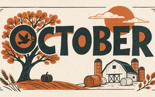 2K Quad HD PC desktop wallpaper: October autumn scene with stylized tree, pumpkin, barn and hay bales under an orange sun, bold OCTOBER lettering.