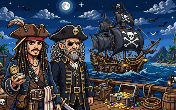 HD PC desktop wallpaper: Pirates of the Caribbean scene — two pirates on a dock, skull-flagged ship under a moonlit sky, treasure chest spilling gold and gems.