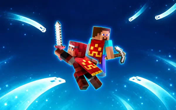 4K Ultra HD PC desktop wallpaper/background of Minecraft Dungeons II — Minecraft heroes leaping with sword and pickaxe amid glowing blue comet-like trails