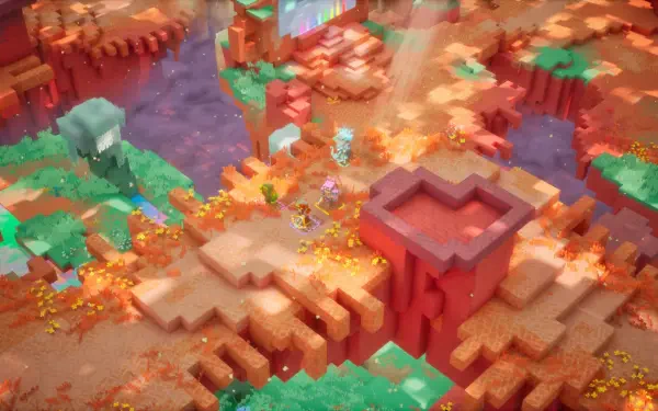 HD PC desktop wallpaper: Minecraft Dungeons II landscape — isometric Minecraft scene of blocky canyon and bridge over a purple river, autumn foliage and tiny adventurers.