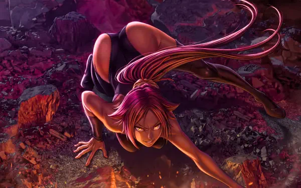 Yoruichi Shihôin (Bleach: Thousand-Year Blood War) crouched in a dynamic low-strike pose on scorched rocky ground, purple hair streaming and fierce eyes — 5K Ultra HD PC desktop wallpaper/background.