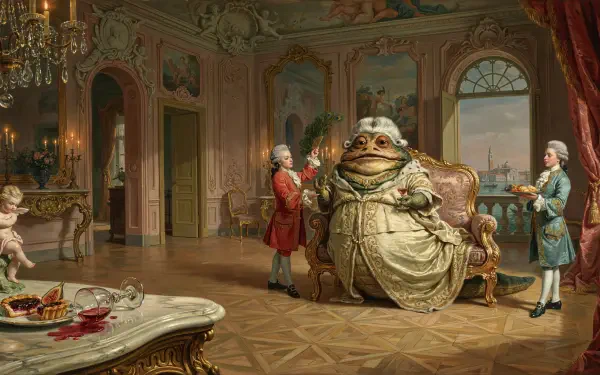 4K Ultra HD PC wallpaper: Jabba the Hutt–like toad monster lounges in an ornate Rococo salon while powdered courtiers attend.
