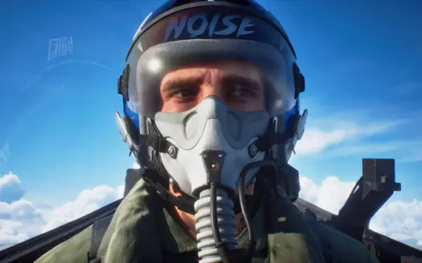 Ace Combat 8 pilot in flight helmet and oxygen mask stares forward against a bright blue sky — HD PC Desktop Wallpaper and Background.