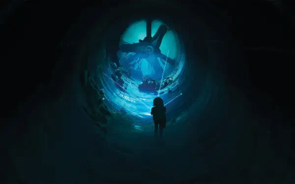 End of Abyss HD PC desktop wallpaper: a lone silhouette in a dark tunnel gazes toward a glowing blue portal at the tunnel's end.