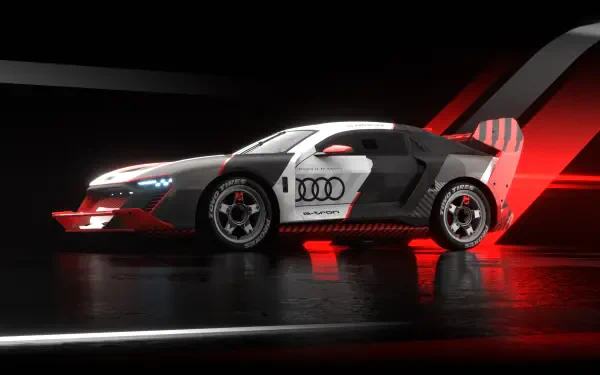 Dark 2K desktop wallpaper: Audi race car with Pixar Cars-style face, Link/The Legend of Zelda green accents and rally-inspired livery, red neon reflections on a glossy floor.