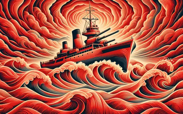 4K Ultra HD PC desktop wallpaper and background showing a stylized battleship cutting through crimson ocean waves beneath a swirling, fiery sky.