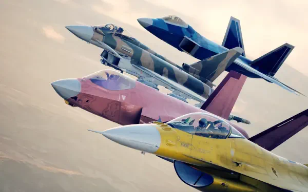 Ace Combat 8 HD PC desktop wallpaper and background showing four colorful jet fighter aircraft in tight formation above clouded skies.