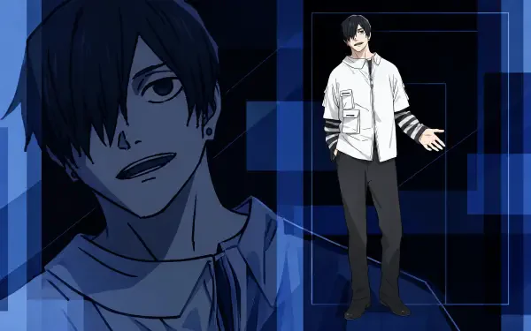 4K Ultra HD PC desktop wallpaper of Soshiro Azami from Kagurabachi: full-body in a white shirt with striped sleeves beside a larger monochrome close-up on a geometric blue background.