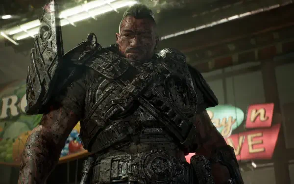 Gears of War E-Day wallpaper: Tai Kaliso, armored warrior with scars and heavy gear, dramatic low-lit 2K Quad HD PC desktop background.