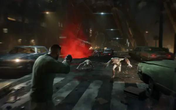 Gears of War: E-Day, Gears of War HD PC desktop wallpaper — a soldier fires down a wrecked city street at crawling zombies as a red explosion lights the night.
