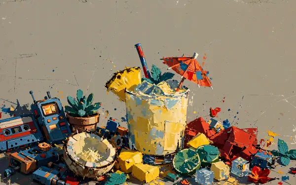 4K Ultra HD PC desktop wallpaper: textured paint scene of a pina colada in a glass with umbrella and straw, surrounded by paintbrush, palette, tubes, coconut half and citrus wedges.