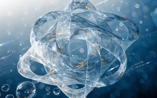 Abstract glass sculpture of interwoven translucent loops and floating bubbles in cool blue light — 4K Ultra HD OLED PC desktop wallpaper/background.