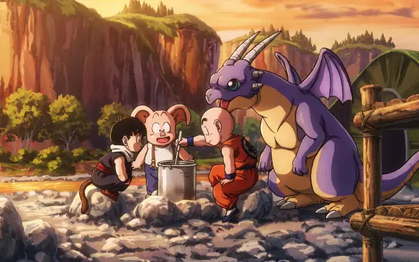 HD PC desktop wallpaper of Dragon Ball/Dragon Ball Z: Gohan, Krillin and Oolong eating by a riverside beside a friendly purple dragon at sunset.