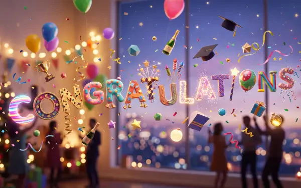 5K Ultra HD PC desktop wallpaper showing CONGRATULATIONS in balloon letters, confetti, floating graduation caps, balloons and a festive graduation scene.