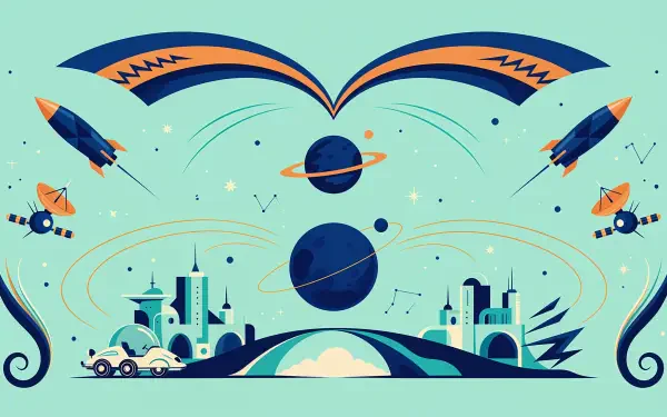 Vector flourish 4K Ultra HD PC desktop wallpaper and background showing stylized rockets, planets, and space motifs above a futuristic cityscape.