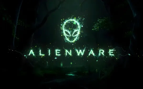 Glowing neon-green Alienware alien-head logo with ALIENWARE text over a dark, misty forest — 5K Ultra HD gaming PC desktop wallpaper and background.