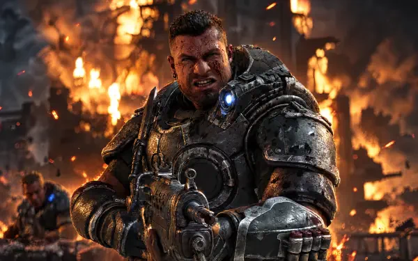 Marcus Fenix in heavy armor fires a rifle amid burning ruins on Gears of War: E-Day — soldier portrait, 4K Ultra HD PC desktop wallpaper