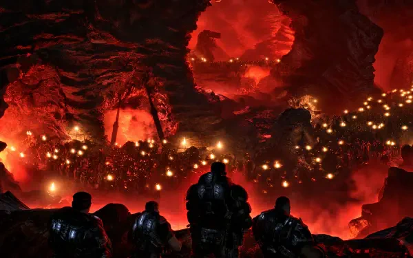 4K Ultra HD PC desktop wallpaper: Gears of War E-Day — silhouetted soldiers confront a cavernous, red-lit cave filled with a massive locust horde.