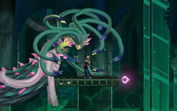 4K Ultra HD PC desktop wallpaper from Castlevania: Belmont's Curse — Belmont battles a towering medusa-like dragon in a gothic, neon-green video game castle background.