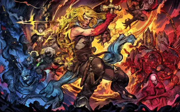 4K Ultra HD PC desktop wallpaper and background of Castlevania: Belmont's Curse — a sword‑wielding Belmont warrior battling swirling demonic forces in vivid video game art.
