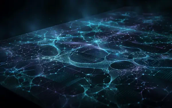 Abstract digital network: glowing blue-green nodes and filaments under ambient light, technology-themed 4K Ultra HD PC desktop wallpaper.