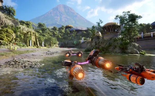 Star Wars: Galactic Racer jet ski skims glossy water toward a lush island and distant volcano — vibrant 4K Ultra HD PC desktop wallpaper and background.