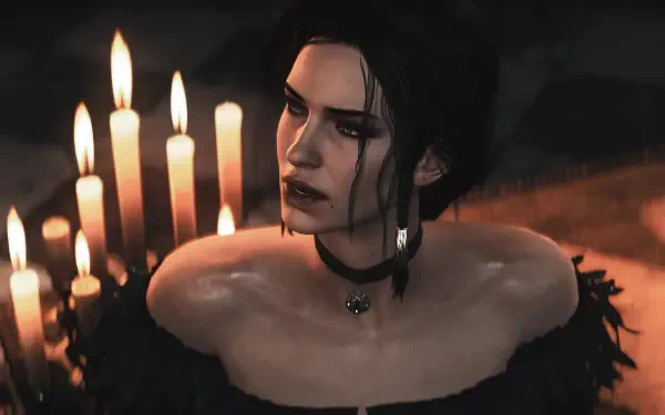 Yennefer of Vengerberg surrounded by candles in The Witcher 3: Wild Hunt, 2K Quad HD PC desktop wallpaper.
