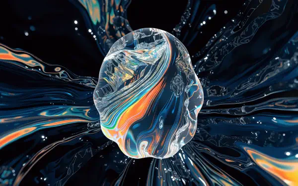 Abstract fluid art with a glossy swirling orb and colorful ribbons on a dark navy backdrop, 2K Quad HD PC desktop wallpaper background.
