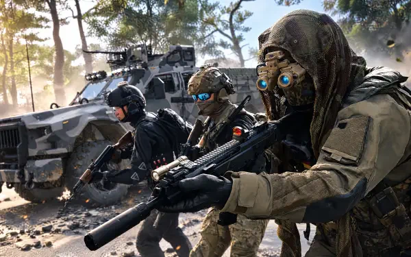 Call of Duty: Modern Warfare 4 4K Ultra HD PC wallpaper featuring armored soldiers with rifles beside an armored vehicle.
