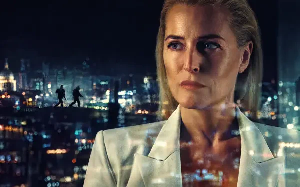 Gillian Anderson portrait against a nighttime city skyline, from Animals (2026), in 4K Ultra HD PC desktop wallpaper resolution.