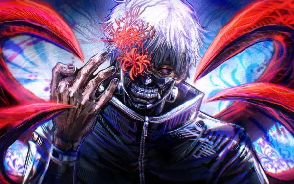 Tokyo Ghoul 4K Ultra HD PC desktop wallpaper featuring white-haired Ken Kaneki in a black mask with red kagune tendrils.