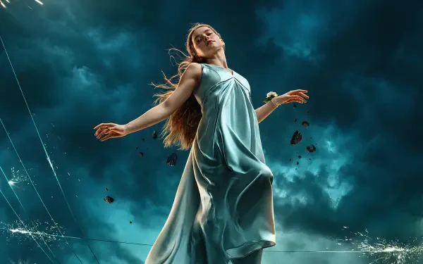 Carrie (Prime Video) 4K Ultra HD PC desktop wallpaper and background, featuring a woman in a flowing blue dress against a stormy sky.