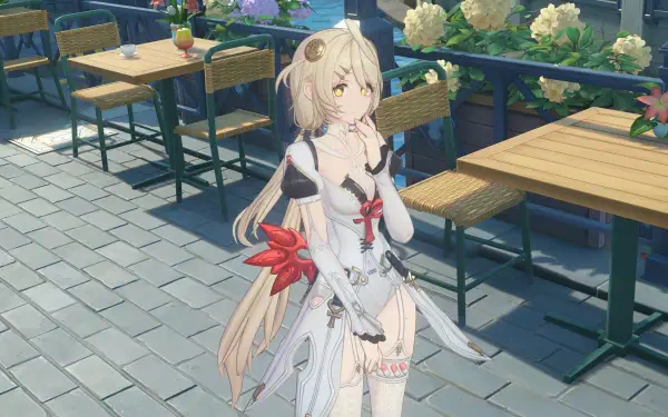 Zenless Zone Zero anime girl in a white dress at an outdoor café, 4K Ultra HD PC desktop wallpaper and background.