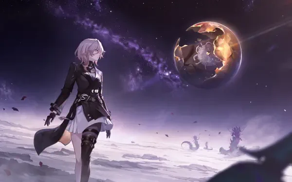 5K Ultra HD PC desktop wallpaper of Stelle from Honkai: Star Rail on a barren planet beneath a glowing world.