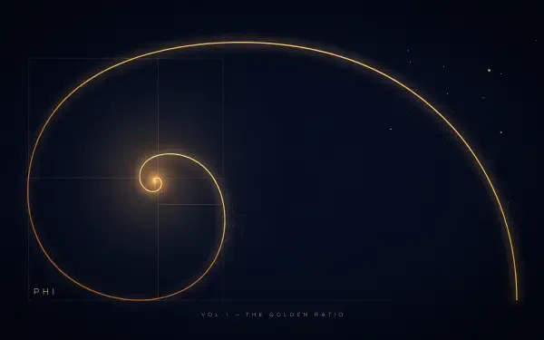 Glowing golden Fibonacci spiral illustrating the golden ratio against a dark mathematical blueprint, 2K Quad HD PC desktop wallpaper and background.