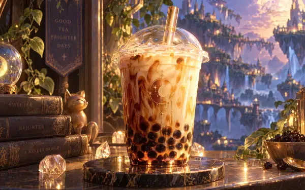 4K Ultra HD desktop wallpaper of creamy bubble tea with tapioca pearls on a candlelit table overlooking a magical castle city.