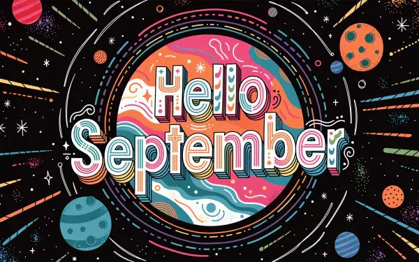 Hello September space-themed 4K Ultra HD PC desktop wallpaper and background with colorful planets, stars, and cosmic lettering.