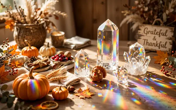 4K Ultra HD desktop wallpaper of crystal pumpkins, glowing prisms, and autumn decor on a Thanksgiving table.
