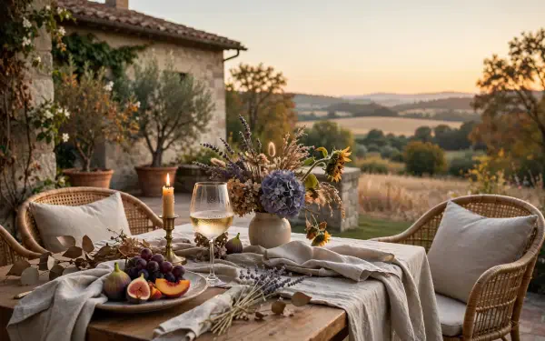 Outdoor dining table setting with wine, flowers, and wicker chairs overlooking the countryside at sunset, HD PC desktop wallpaper background.