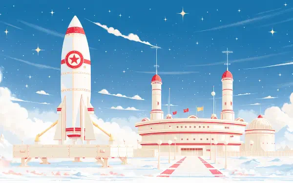 Clean 4K Ultra HD desktop wallpaper of a white rocket on a futuristic space launch pad beneath a bright blue, starry sky.