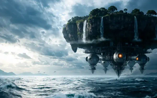 Sci-fi 4K Ultra HD PC desktop wallpaper of a flying island with cascading waterfalls and a spaceship hovering above a vast ocean.