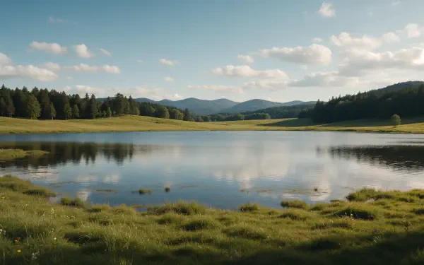 Peaceful mountain lake reflecting forested hills and blue sky, 4K Ultra HD PC desktop wallpaper and background.
