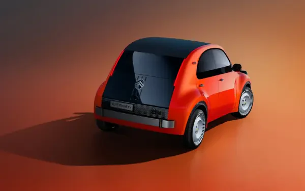 Red Citroën 2CV concept hatchback on an orange studio background, featured in an HD desktop wallpaper.