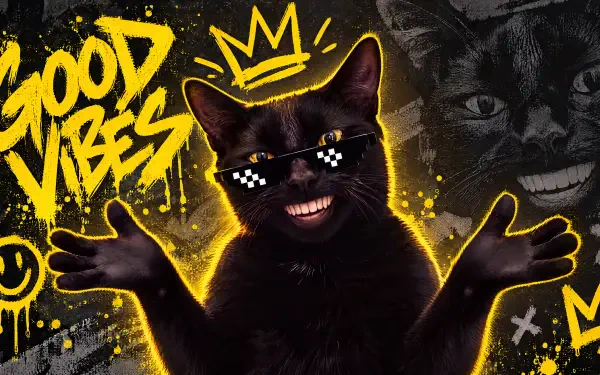 Black cat meme in pixel sunglasses with paws raised amid graffiti and “Good Vibes” lettering, 4K Ultra HD PC desktop wallpaper background.