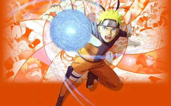 Naruto Uzumaki charges forward with a glowing blue Rasengan in vivid orange anime artwork, 4K Ultra HD PC desktop wallpaper and background.