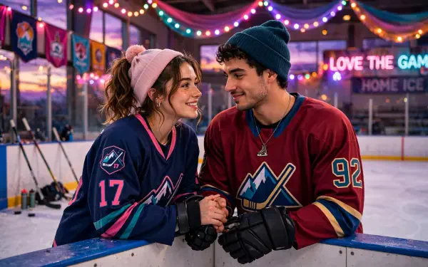 Hockey romance couple sharing a moment at a decorated ice rink, HD PC desktop wallpaper and background.