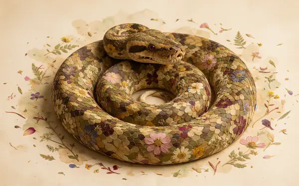 Coiled ball python surrounded by delicate flowers, 4K Ultra HD PC desktop wallpaper and background.