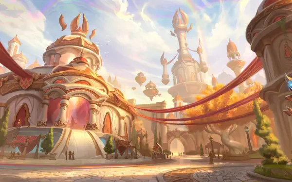 5K Ultra HD World of Warcraft: Midnight desktop wallpaper featuring a sunlit fantasy city and ornate palace.